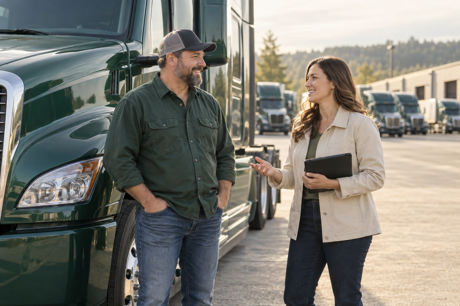 A driver and fleet manager talking beside a truck — illustrative marketing image